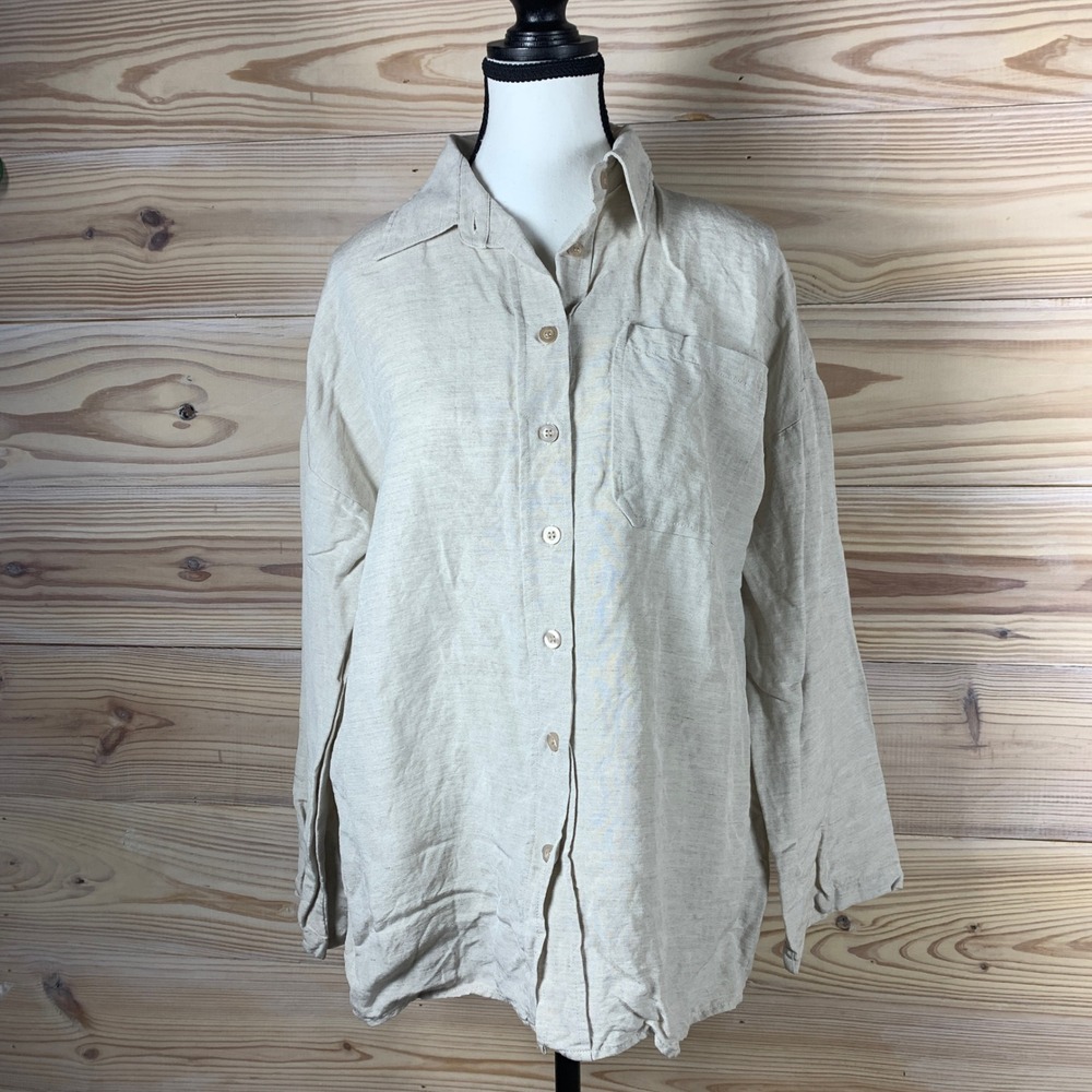 Veiled Button Down Shirt Womens M Oatmeal Linen Blend Oversized‎ Top